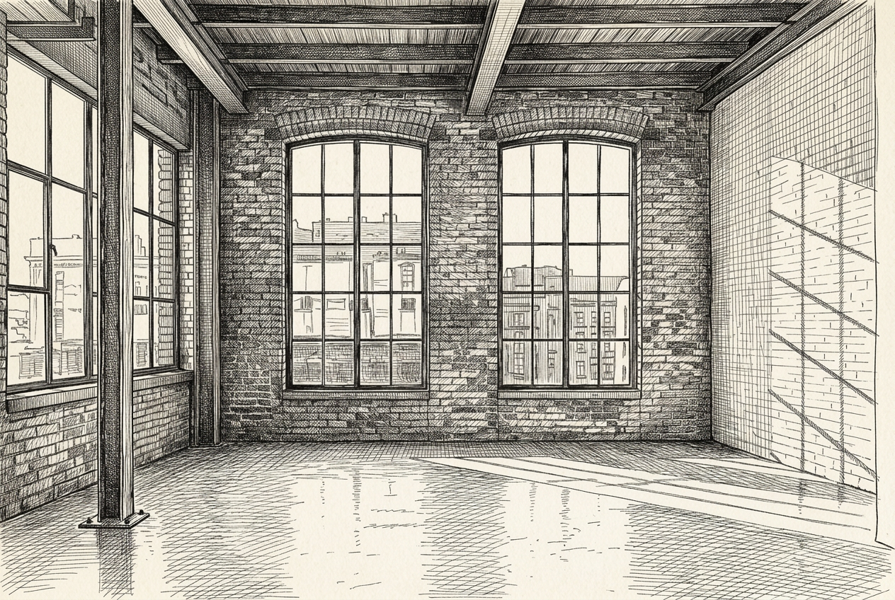 East Williamsburg loft interior — brick, steel sash windows, high ceilings