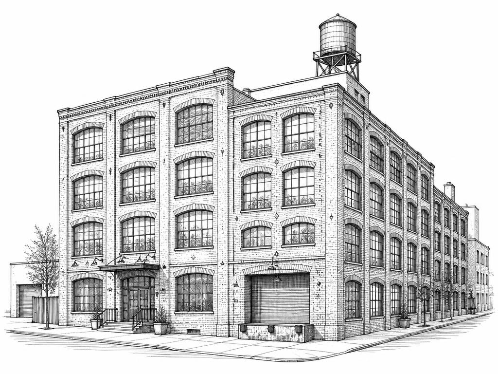 Ink sketch of a Bushwick brick mill building